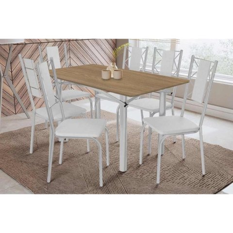 Conjunto: Mesa de Cozinha Elba C/ Tampo de Madeira 160cm e 6 Cadeiras Lisboa Cromada/nogueira -