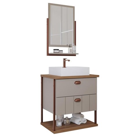 Gabinete de Banheiro Uni com Cuba e Espelheira 60cm Cappuccino/freijo - Mgm