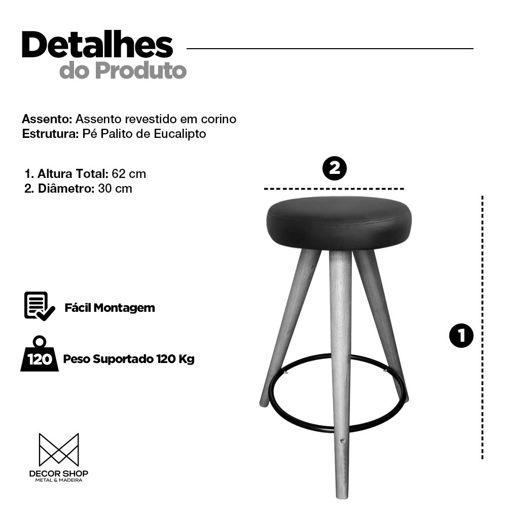 Banqueta Banco Pé Palito Media Cozinha Bar Balcão 60cm Altur - 4