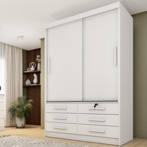 Guarda-Roupa Solteiro com 2 Portas de Correr e 6 Gavetas 133cm Multimóveis CR35485 Neve