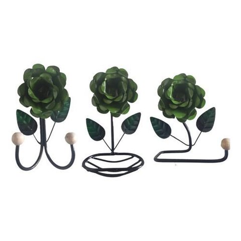Kit 3 Peças para Banheiro com Flores em Ferro:verde