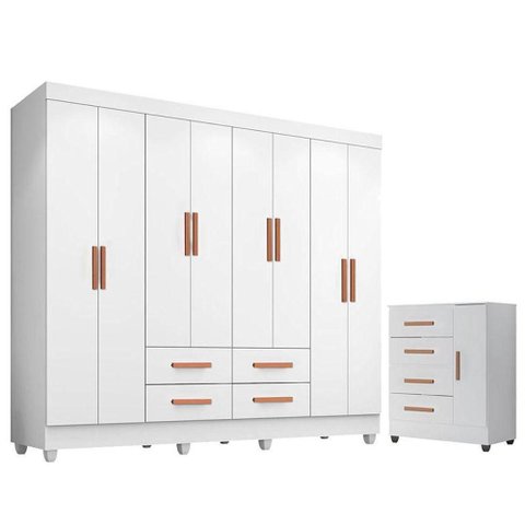Guarda Roupa Casal Porto Com cômoda Lite 4 Gavetas 01 Porta Branco Brilho - Móveis Leão