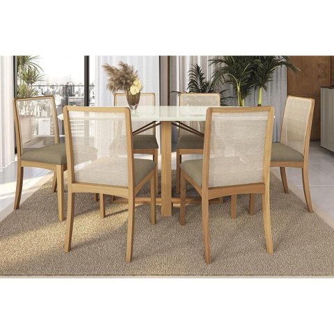 Mesa Cozinha Elma Premium Madeira Maciça C/ Tampo Madeirado C/ Vidro 170x90cm e 6 Cadeiras Lara