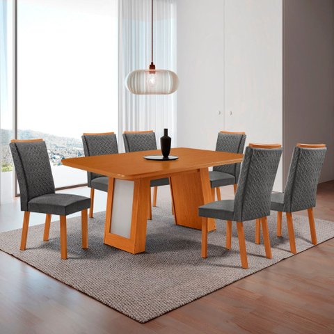 Mesa de Jantar Carolina 180cm Tampo MDF Laminado Detalhe Base Off White Canto Copo com 4 Cadeiras Li