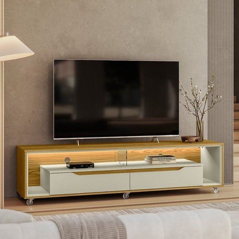 Rack Contemporâneo para TV até 65 Polegadas com LED MDF 175cm Rodízios Loop Cedro/Off White