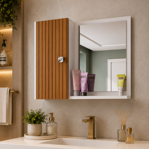 Espelheira Suspensa para Banheiro com Design Moderno Genova - Branco/Ripado