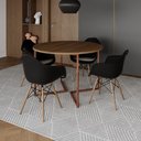 Ver imagem 1 de Mesa Jantar Industrial Amêndoa 110Cm Redonda Base V Cobre C/4 Poltronas Pretas Madeira Cor: Amendoa
