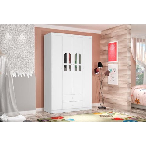 Roupeiro / Armário Cat Modelo Infantil 4 Portas com Detalhes em Acrílico + 2 Gavetas com Pintura Uv