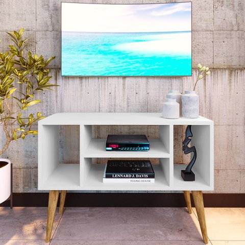 Rack Retro Pés Palito para Tv Paris com 4 Nichos - Branco