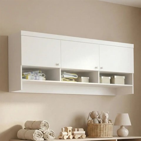 Módulo Nicho Aéreo para Quarto de Bebê Eloísa 3 Portas 100% MDF Branco Phoenix Baby