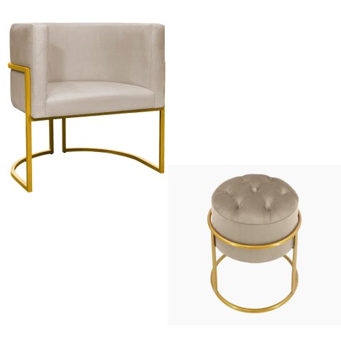 Kit Poltrona Decorativa Luxo Base de Metal Dourada e Puff Capitone Suede Bege Eli Móveis e Decoração