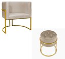 Ver imagem 1 de Kit Poltrona Decorativa Luxo Base de Metal Dourada e Puff Capitone Suede Bege Eli Móveis e Decoração