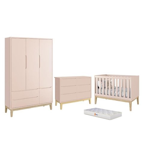 Dormitório Completo Infantil Classic 3 Portas, Cômoda 6 Gavetas, Berço Rosa Fosco com Pés Madeira Na