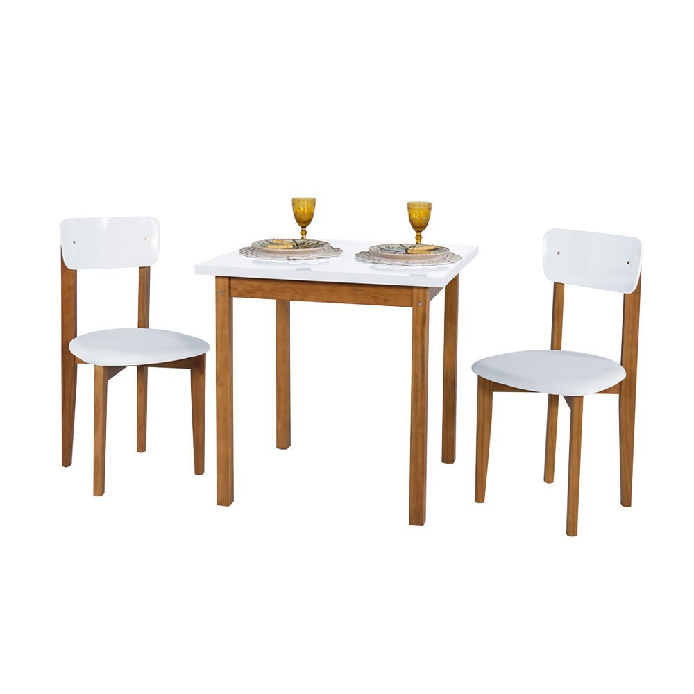 Mesa de Jantar Base Madeira Maciça com 2 Cadeiras Elisa Ideal para Apartamenteo 80x80 Branco - 2