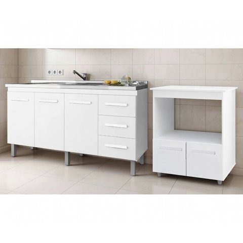 Kit Balcão Carina para Pia 140cm e Balcão Multiuso Angela para Microondas - Branco
