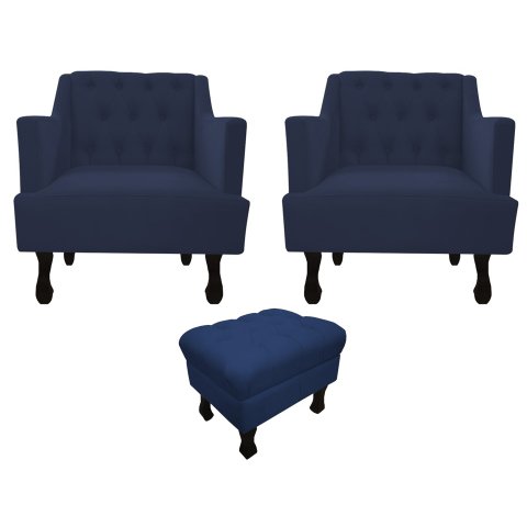 Kit 2 Poltronas Decorativa Julia + Puff Luis Xv Suede Azul Marinho Pés Madeira Mz Decor