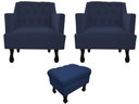 Ver imagem 1 de Kit 2 Poltronas Decorativa Julia + Puff Luis Xv Suede Azul Marinho Pés Madeira Mz Decor