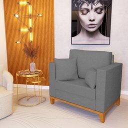 Poltrona Beny Decorativa com 2 Almofadas Suede Cinza Base em Madeira Maciça - 1