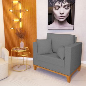 Poltrona Beny Decorativa com 2 Almofadas Suede Cinza Base em Madeira Maciça