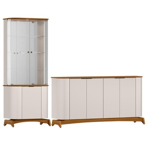 Kit Aparador Buffet com Cristaleira para Sala de Jantar Verbena N01 Off White Ypê - Lyam Decor