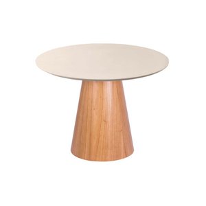 Mesa de Jantar Cone Redonda 80 Cm - Lâmina de Madeira Cinamomo e Laca Off White com Vidro