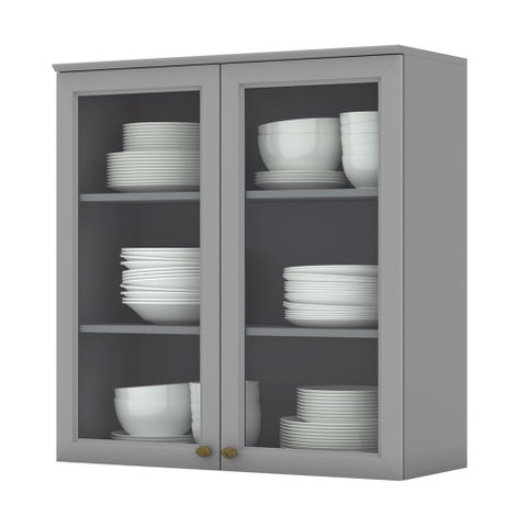 Armário Aéreo 02 Portas de Vidro 80cm Americana Cinza Henn
