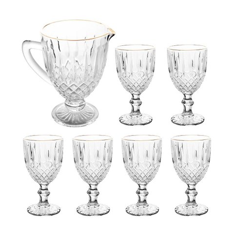 Jogo de Taças e Jarra de Vidro Lumini Greek Fio de Ouro 320ml 7 Peças - Wolff