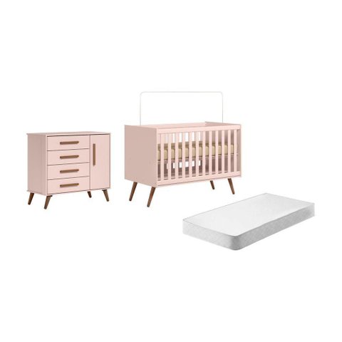 Conjunto Quarto Infantil Retro Berço e Comoda Rosa Bogota com Colchao