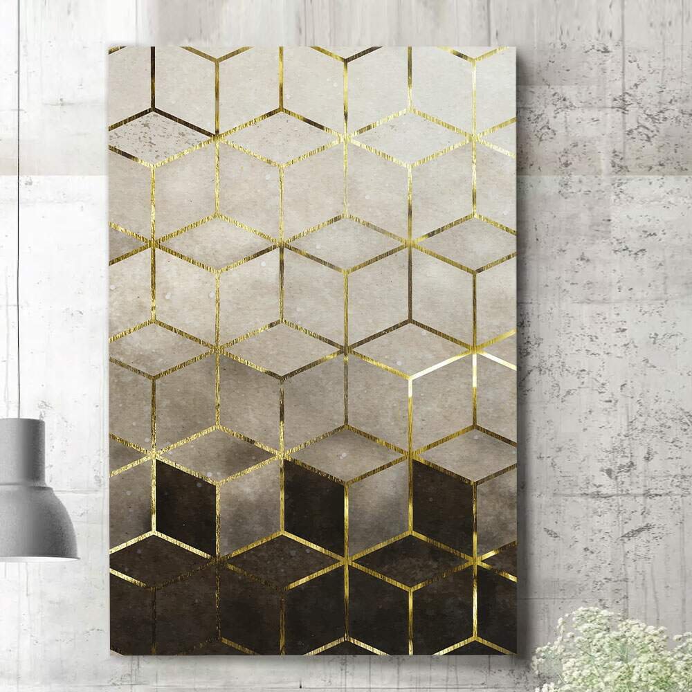 Placa Decorativa Cubos 3D Mármore Preto Branco e Dourado-30X45Cm