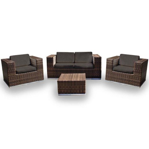 Conjunto de Sofá Fibra Sintética Quadrado - 1 Sofá 2L + 2 Poltronas + 1 Mesa Centro - Tecido Duna Ma