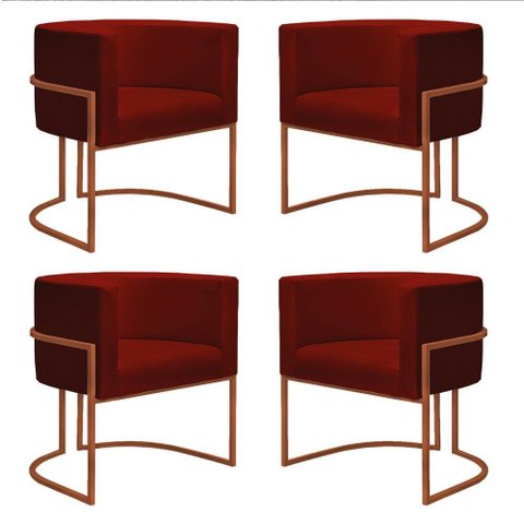 Kit 4 Poltronas Reforçada Decorativa Sala Nayara Base Ferro Bronze Suede Marsala