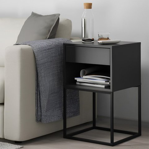 Mesa de Cabeceira Industrial Pé de Aço 1 Gaveta Corrediça Telescópica 1 Nicho - Preto/Pé Preto