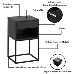 Mesa de Cabeceira Industrial Pé de Aço 1 Gaveta Corrediça Telescópica 1 Nicho - Preto/pé Preto - 5