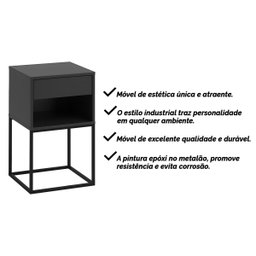 Mesa de Cabeceira Industrial Pé de Aço 1 Gaveta Corrediça Telescópica 1 Nicho - Preto/pé Preto - 6