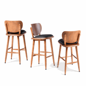 Kit 3 Banquetas de Madeira Torneada Bistrô Estofada - 63cm Natural