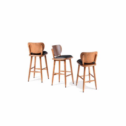 Kit 3 Banquetas de Madeira Torneada Bistrô Estofada - 63cm Natural