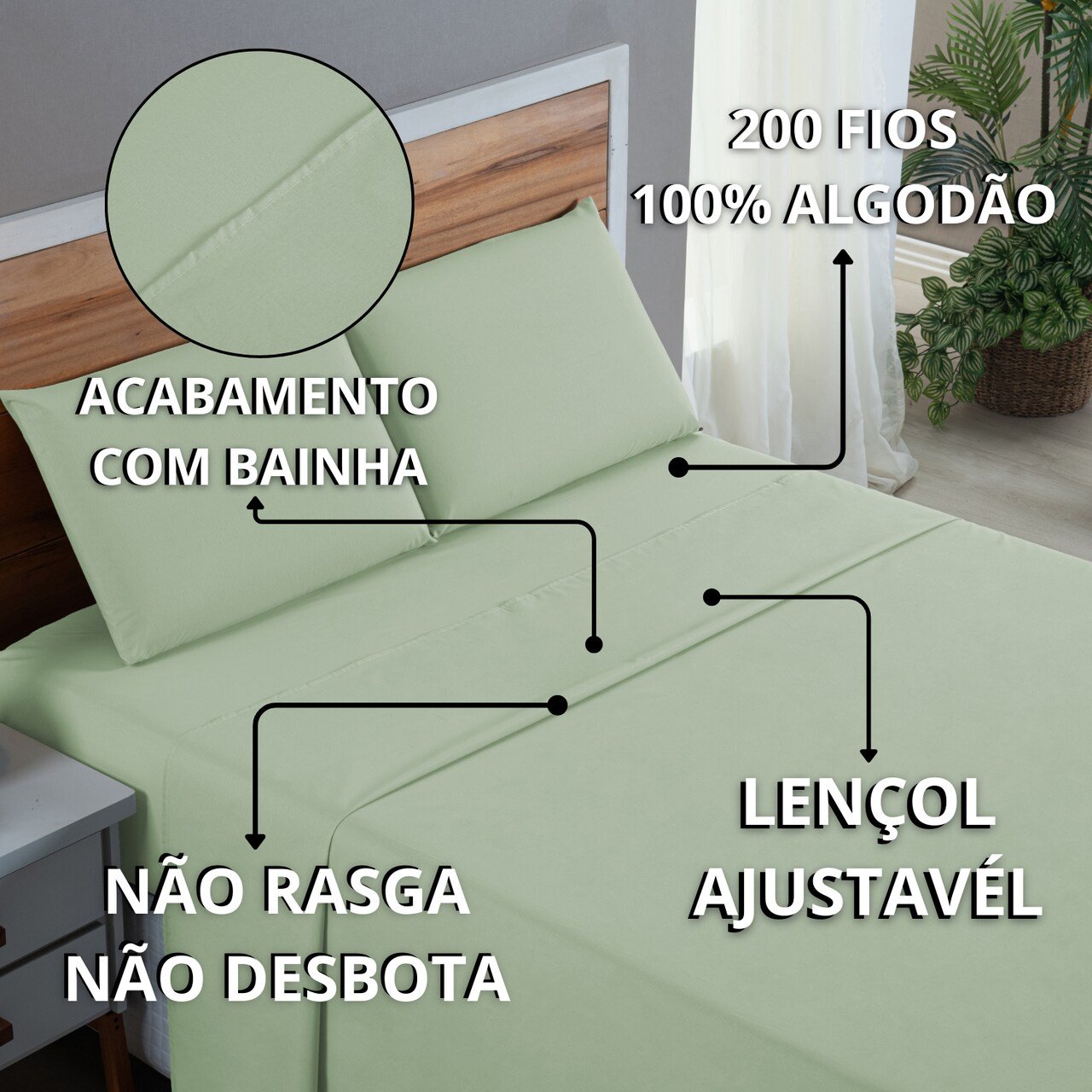 Kit Jogo Cama Casal 4 Peças 100% Algodão Percal 200 Fios Lençol com Elástico:verde - 8