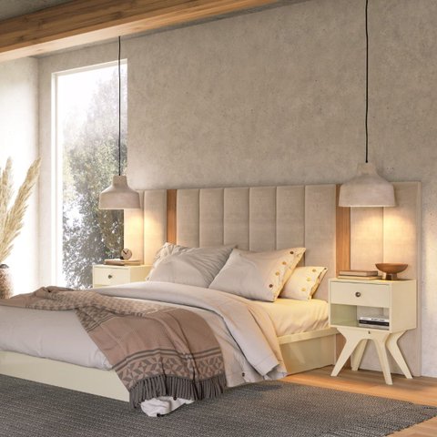 Cabeceira Estofada para Cama de Casal 275cm Tw195 Dalla Costa - Freijo/linho Cinza Claro