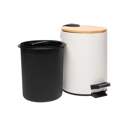 Lixeira Redonda de Metal com Pedal Tampa em Bambu Branca 3l - 3
