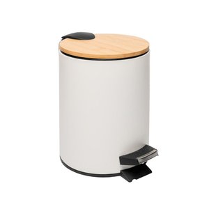 Lixeira Redonda de Metal com Pedal Tampa em Bambu Branca 3l