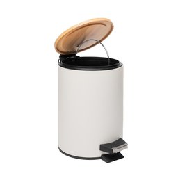 Lixeira Redonda de Metal com Pedal Tampa em Bambu Branca 3l - 2