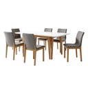 Ver imagem 2 de Conjunto Sala de Jantar 6 Lugares Retangular Tampo Vidro Base Madeira Maciça Mesa e Cadeiras Bella Marrom/Cinamomo/Off White/Linho Prata