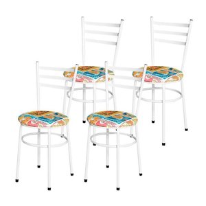 Conjunto 4 Cadeiras Epóxi Branca para Cozinha Assento Estampado Happy Hour