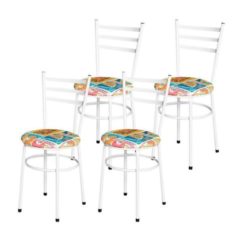 Conjunto 4 Cadeiras Epóxi Branca para Cozinha Assento Estampado Happy Hour