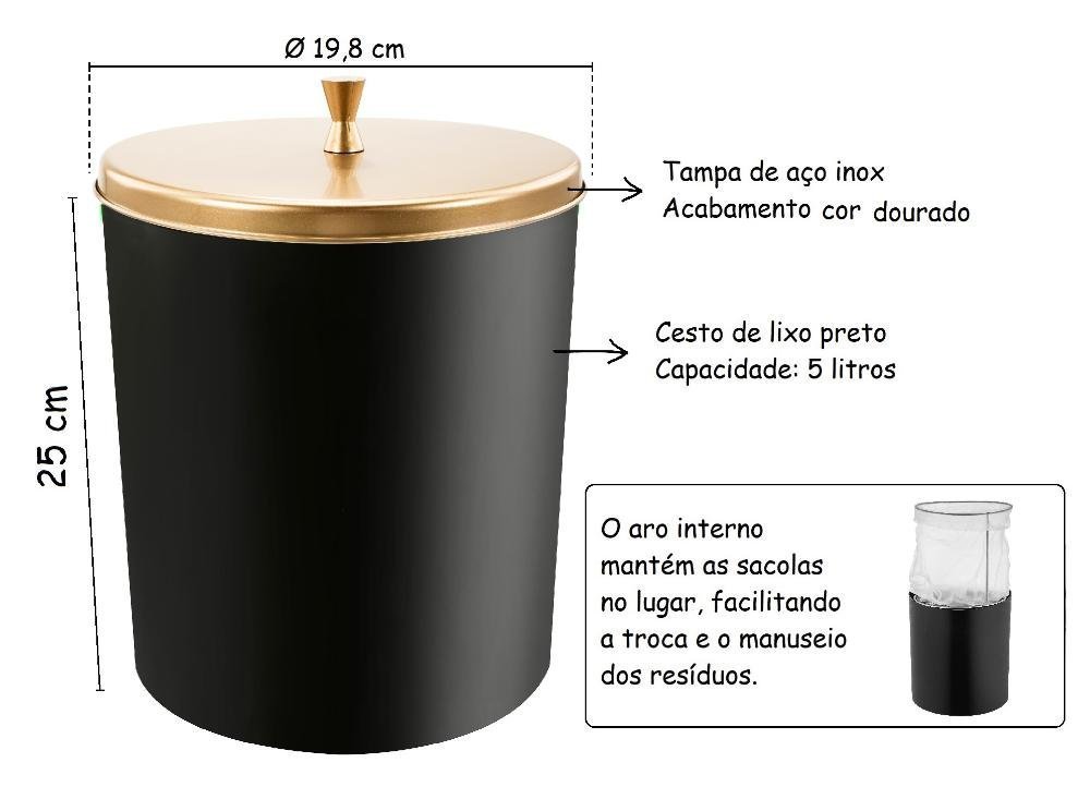 Lixeira Cesto de Lixo de Banheiro Pia Bancada Cozinha Preto com Tampa de Aço Inox Dourada 5 Litros - 2