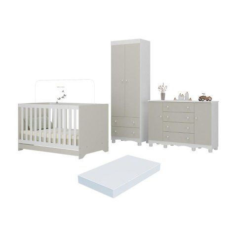 Quarto de Bebê Completo Berço Americano 3 em 1 Colchão Dengo Multimóveis Mp4612 Branco/off White