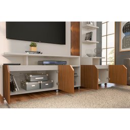 Estante Home Cross para TV até 55 Polegadas 4 Portas Prateleiras Luz Led e Rodízio Off White/Tauari  - 3