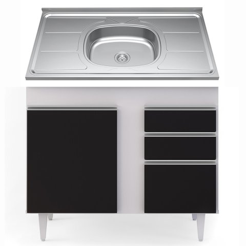 Balcão Gabinete Com Pia Inox 100cm 3 Portas 2 Gavetas Luziania Branco/Preto - Lumil Móveis