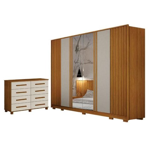 Guarda Roupa Casal Evo 6 Portas com Espelho Cinamomo e Off-white com Cômoda San Marino 8 Gavetas