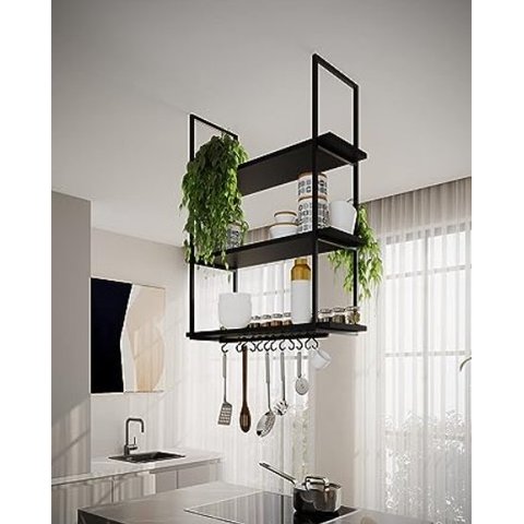 NICHO DE TETO PARA COZINHA 95 CM PRETO COM PRATELEIRA PRETA